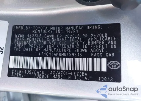 2021 Toyota Camry Se from USA, damaged, VIN 4T1G11AK8MU459515